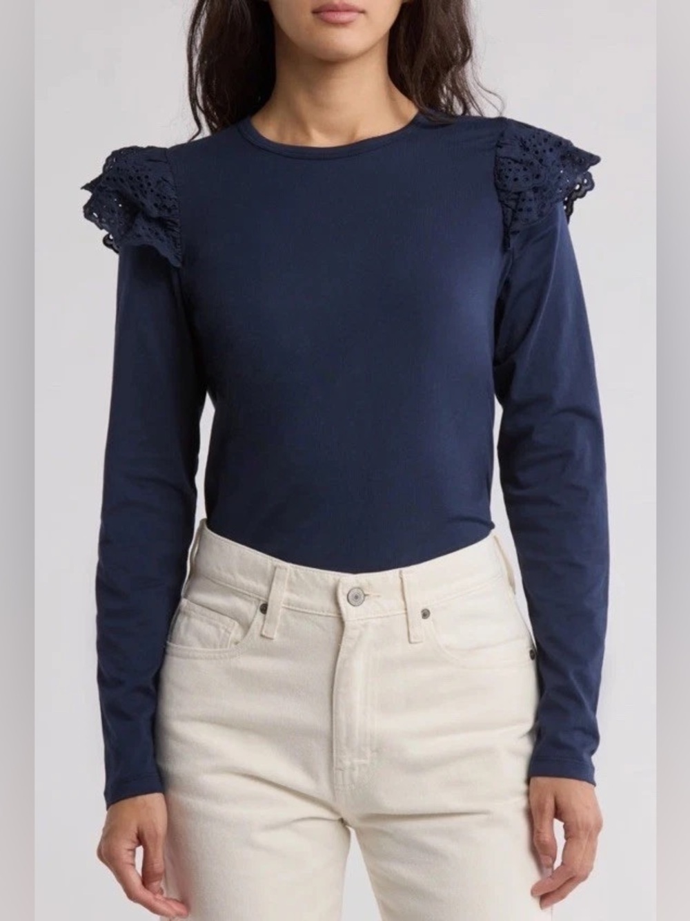 Joe’s Jeans Ruffle Eyelet Long Sleeve Top Navy Blue